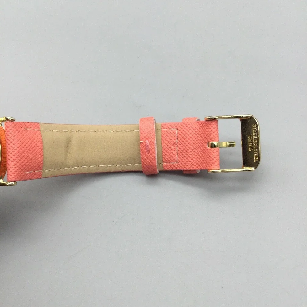 L&Co Womens Watch 36mm White Dial Gold Tone Pink Strap Crystals New Battery